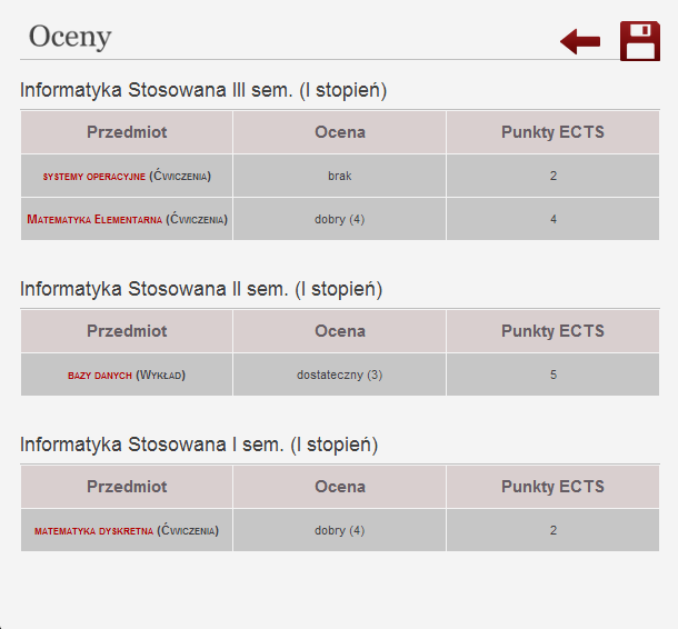 Oceny Dzięki tej zakładce można obejrzeć dotychczasowe osiągnięcia zalogowanego studenta, czyli oceny ze wszystkich stopni studiów jakie odbył, a także te które są nadal w toku.