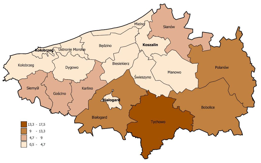 Rycina 23. Dynamika zmian liczby podmiotów gospodarczych [2010-2014] (procent) Źródło: opracowanie własne Ostatni ze wskaźników uzupełniających określa profil gospodarczy gmin KKBOF.