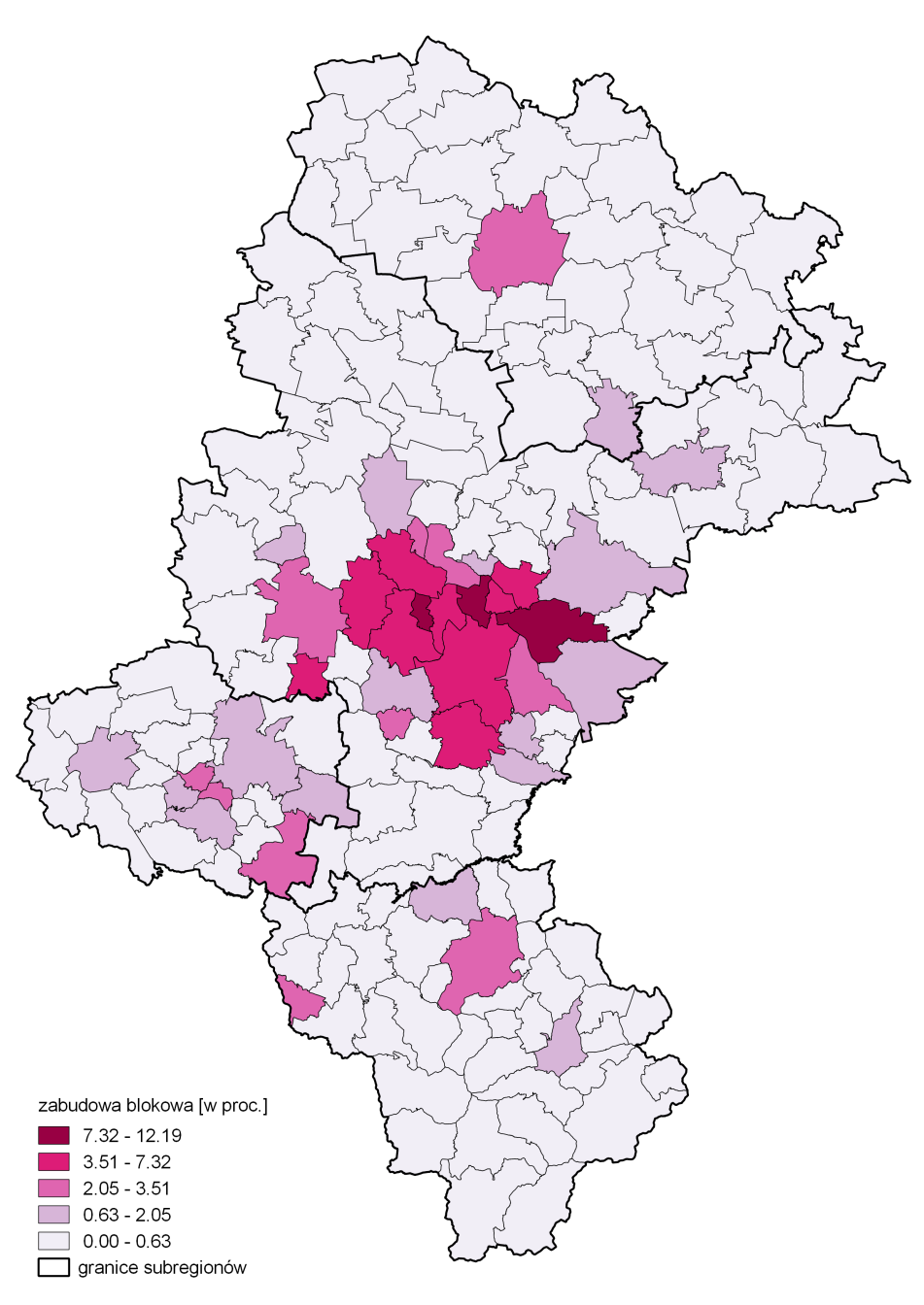 Mapa 4. Zabudoa blokoa ogóle poierzchni gminy ojeództie śląskim 2010 r. (%). Źródło: Opracoanie RCAS na podstaie danych Wojeódzkiego Ośrodka Dokumentacji Geodezyjnej i Kartograficznej Katoicach.