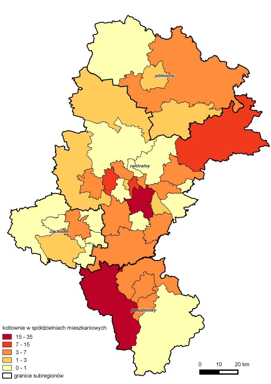 Mapa 11. Liczba kotłoni spółdzielniach mieszkanioych poiatach ojeództa śląskiego 2013 r. Źródło: Opracoanie RCAS na podstaie Banku Danych Lokalnych GUS.