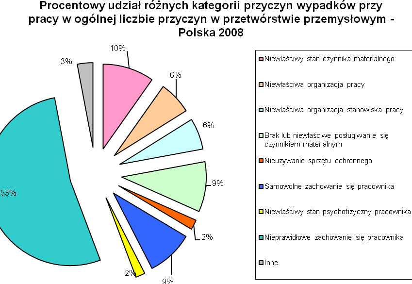 Rys. 21. Struktura przyczyn wypadków przy pracy w przetwórstwie przemysłowym - Polska, 2008. Struktura przyczyn wypadków w przetwórstwie przemysłowym jest zbliŝona do tej w budownictwie.