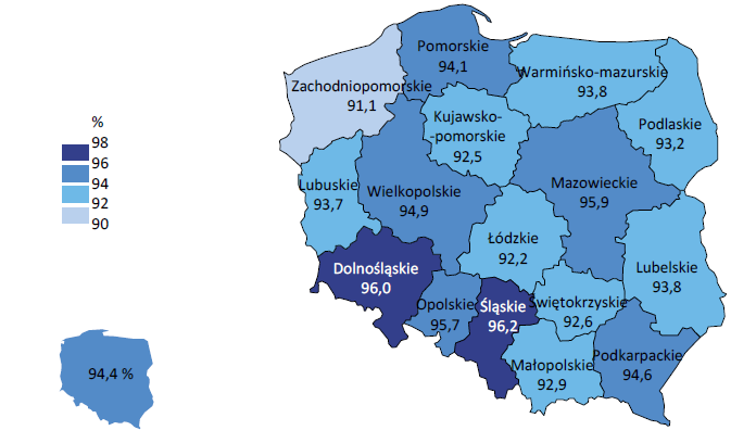 Mapa 9. Przedsiębiorstwa wykorzystujące komputery według województwa. Źródło: Społeczeństwo informacyjne w Polsce. Wyniki badań statystycznych z lat 2010 2014. Główny Urząd Statystyczny.