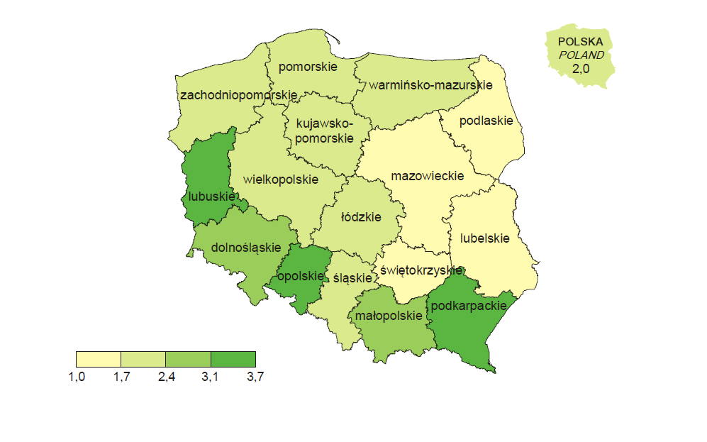 Mapa 14. Kluby sportowe na 10 tys. mieszkańców wg województw Źródło: Opracowanie GUS Kultura fizyczna w Polsce w latach 2011 i 2012. W ramach zakończonych projektów w działaniu 5.