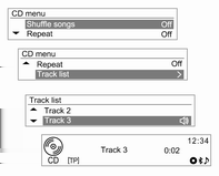 124 System audio-nawigacyjny Korzystanie z menu CD Menu CD Lista utworów Zmiana trybu odtwarzania W trybie odtwarzania CD/MP3 nacisnąć przycisk MENU, aby wyświetlić menu CD.