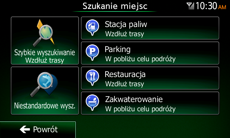 4. (opcjonalnie) Miejsca są sortowane według odległości, na którą należy odjechać od trasy (podczas nawigacji wzdłuż trasy), lub odległości od aktualnej pozycji (gdy nie został podany cel podróży).