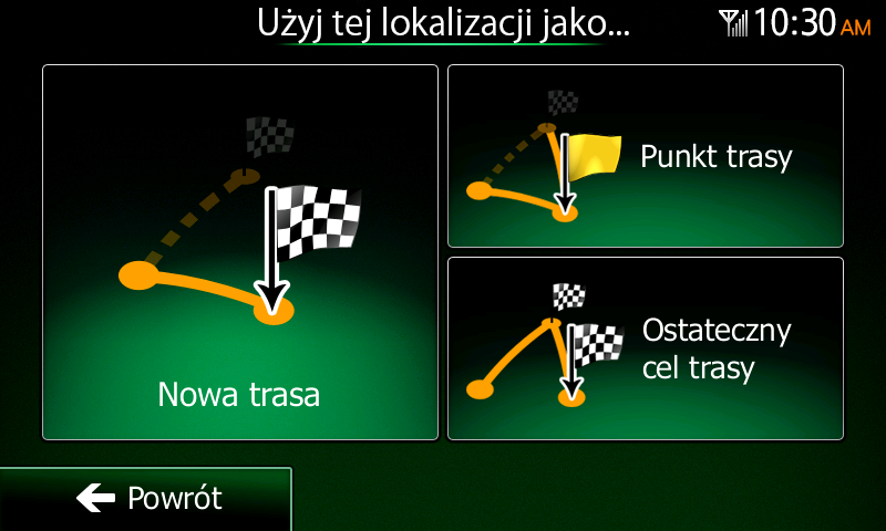 3.4.1 Wybieranie nowego celu podróży przy ustalonej trasie: nowa trasa, nowy punkt trasy lub nowy ostateczny cel trasy Gdy istnieje już zalecana trasa, ale przy użyciu procedur opisanych wcześniej