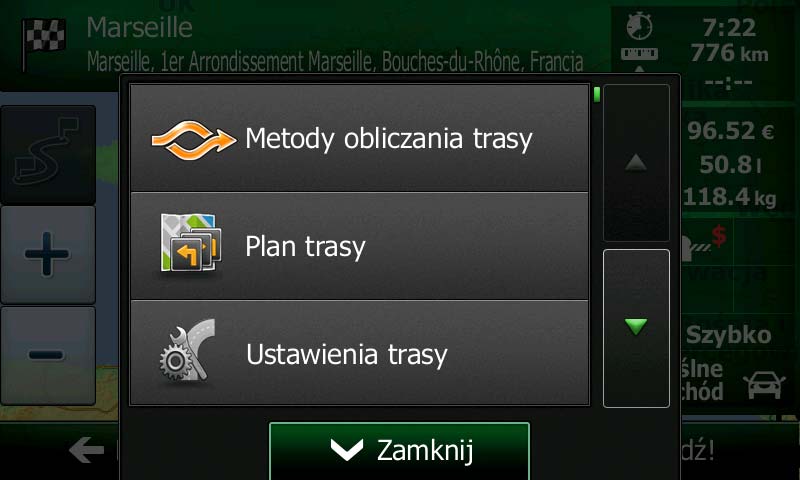 3.4.5 Anulowanie aktywnej trasy Aby anulować trasę, dla której jest prowadzona nawigacja, wykonaj jedną z następujących czynności: Na ekranie Mapa naciśnij i.