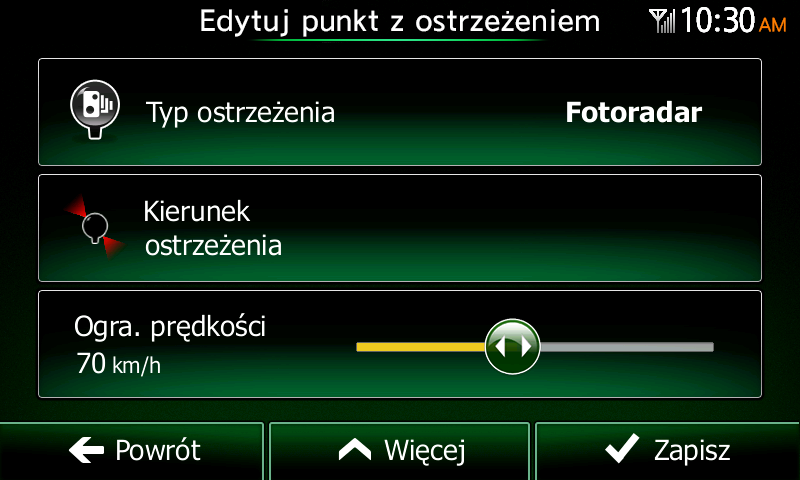 3.7 Edycja punktu alarmowego Istnieje możliwość edycji zapisanego lub przesłanego punktu alarmowego (np. fotoradaru lub przejazdu kolejowego). 1.