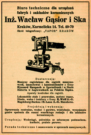 Reklama krakowskiego biura technicznego zaopatruj¹cego cegielnie w ró nego rodzaju oprzyrz¹dowanie maszynowe (ok. 1920 r.), repr. I.