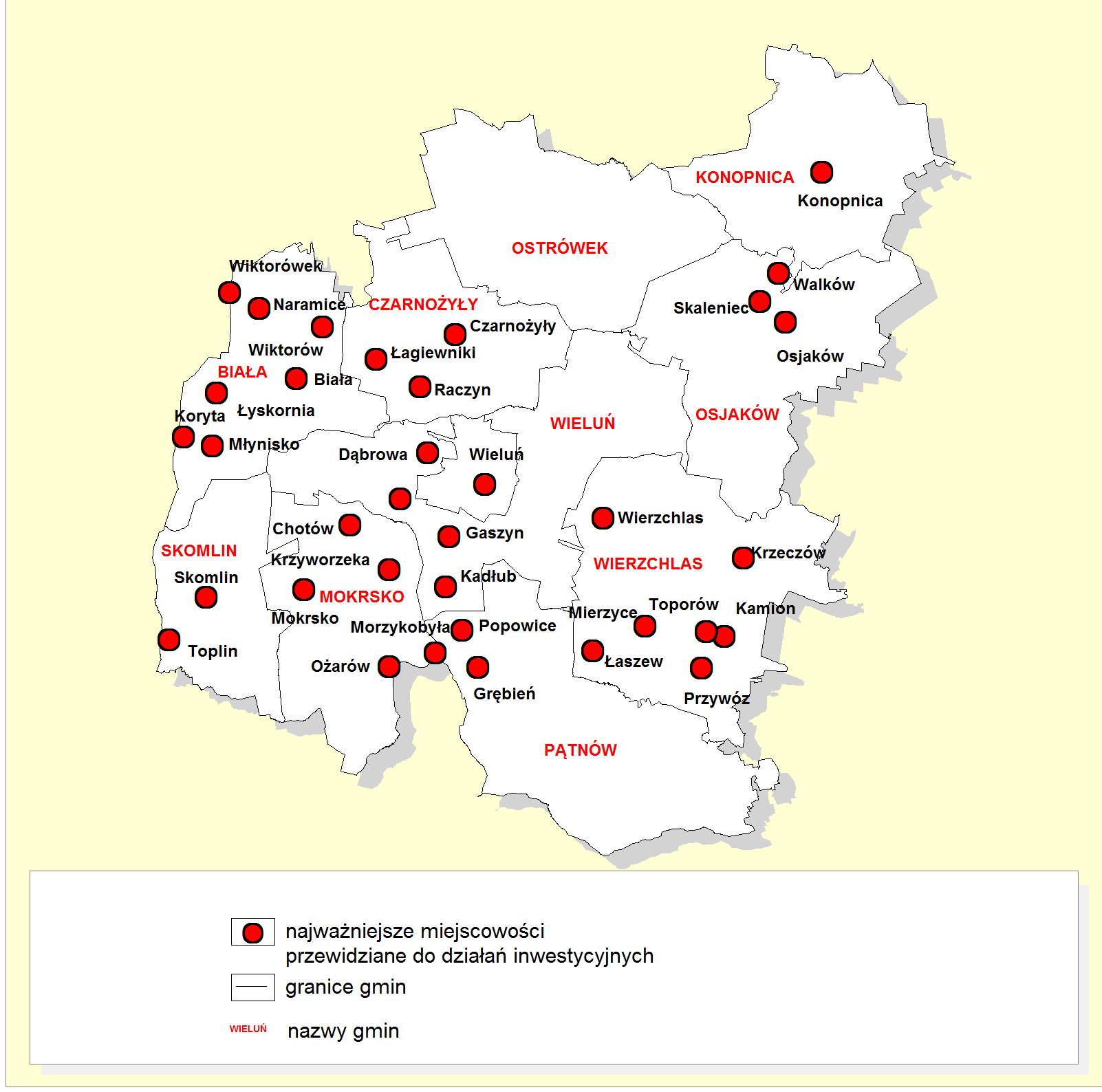 LOKALIZACJA PROJEKTU Projekt realizowany jest w powiecie wieluńskim, we wszystkich gminach: Biała, Czarnożyły, Konopnica, Mokrsko, Osjaków, Ostrówek, Pątnów,