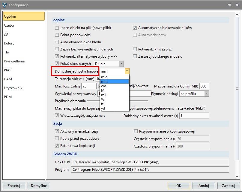 Zmiany jednostek możemy dokonać klikając z głównego paska Ustawienia > Konfiguracja Następnie w zakładce Ogólne z pola Domyślne jednostki liniowe z listy rozwijanej wybieramy mm.