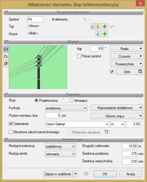 W momencie wybrania ikony poprzez wybór przycisku lub dwuklik na wstawionym elemencie pojawia się okno definiowania własności elementu słupa: Okno własności słupa telekomunikacyjnego Tak jak w