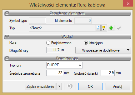 Wyboru rodzaju rury kablowej rurociągu dokonujemy dla każdego otworu kanalizacji oddzielnie z listy wyboru w oknie: Po wyborze właściwości otworu definiujemy typ materiału, z jakiego wykonana jest