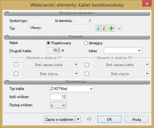 Okno własności linii kablowej napowietrznej Dla profilu kabli linii napowietrznej określamy kolejno: ilość kabli zawieszonych na podbudowie słupowej, status kabli w projekcie oraz wybieramy rodzaj