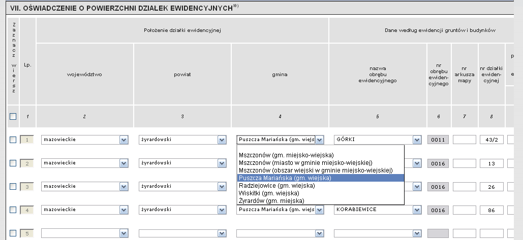 Wypełnianie wniosku oświadczenie o powierzchni działek ewidencyjnych Jeśli wniosek składany był w poprzednim roku, sekcja VII jest wstępnie wypełniona danymi działek ewidencyjnych zgłoszonych do