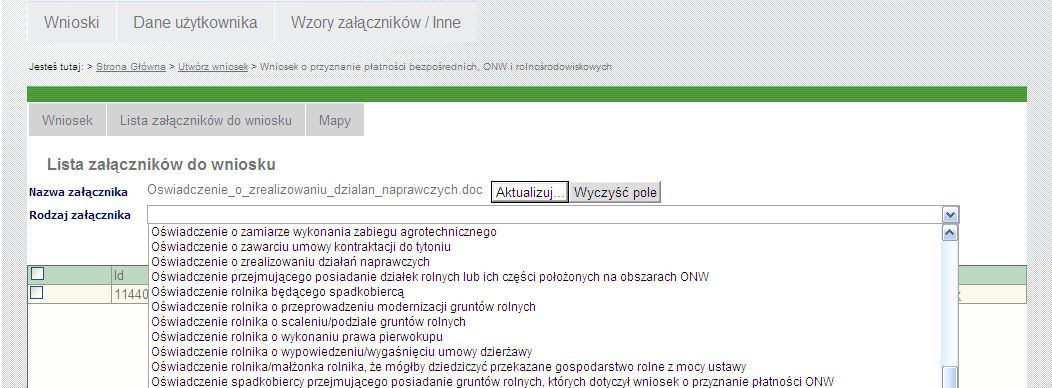 Dodanie załączników do wniosku Niewłaściwy załącznik można zmienid używając przycisku aktualizuj.