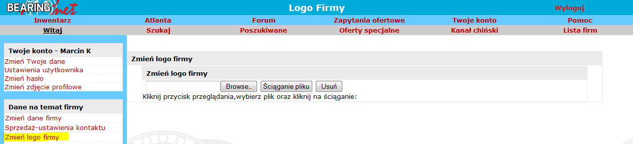 Zmień logo firmy Logo Twojej firmy pojawia się w górnej części strony zawierającej informacje o firmie, która może być widziana przez innych użytkowników BearingNet oraz na stronie z danymi o Twojej