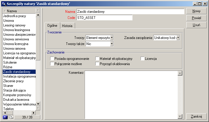 AssetCenter elementami repozytorium, należy utworzyć tyle natur, ile jest potrzebnych typów zarządzania dla danego elementu repozytorium.
