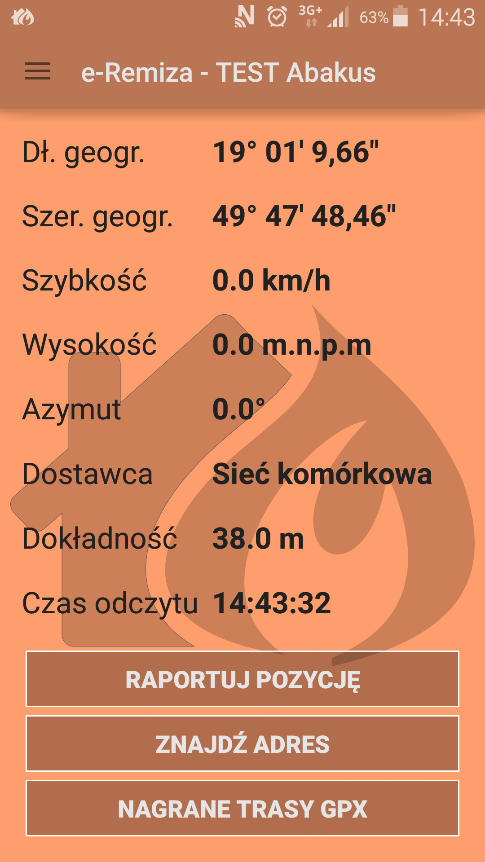 Wejście do menu GPS wyświetla aktualne dane o pozycji telefonu, możliwe są dodatkowe opcje: TRYB CZUWANIA powoduje, że aplikacja przesyła regularnie, co 60 minut, pozycję własną wymaga zaznaczenia w