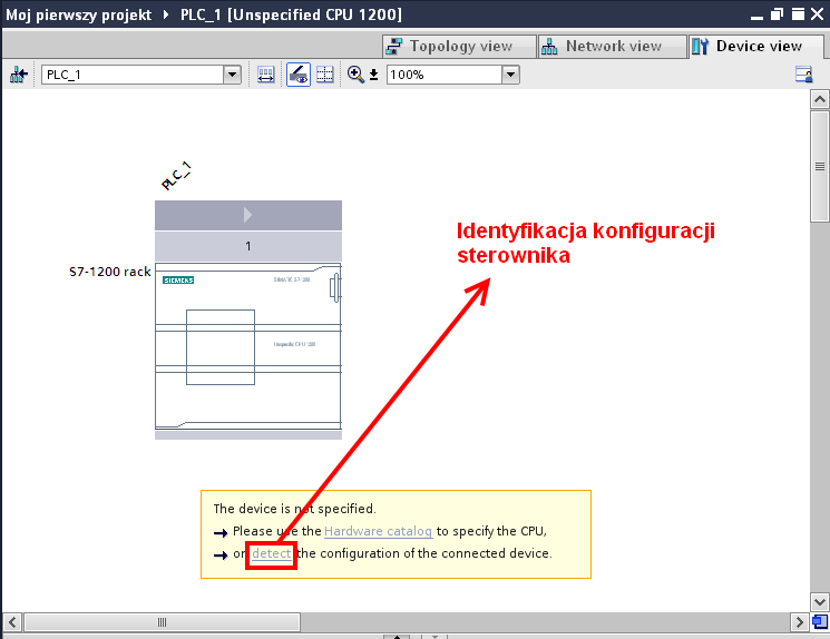 Rysunek 8 Wybór typu sterownika do konfiguracji Po dodaniu sterownika do konfiguracji aplikacja TIA Portal przejdzie automatycznie do widoku Project view (o ile zaznaczono taką opcję), w którym jest