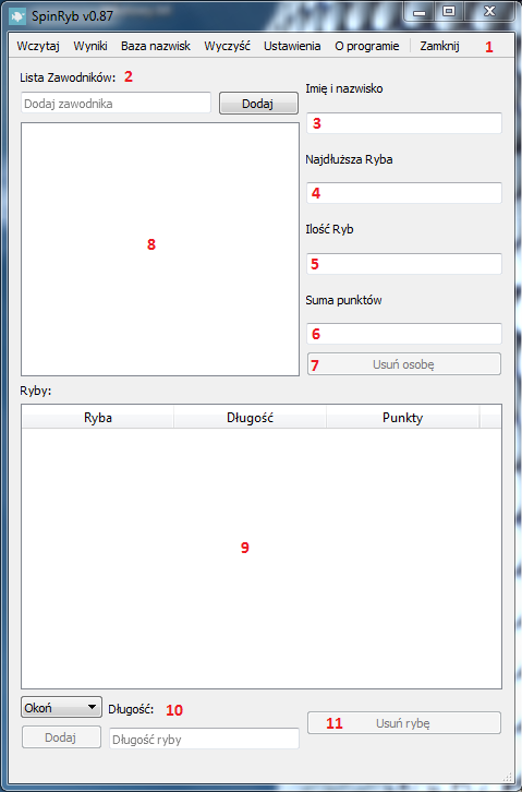 I.3 Główne okno aplikacji 1. Pasek zakładek. 2. Sekcja dodawania nowego zawodnika. 3. Okienko wyświetlające imię i nazwisko aktualnie zaznaczonego zawodnika 4.