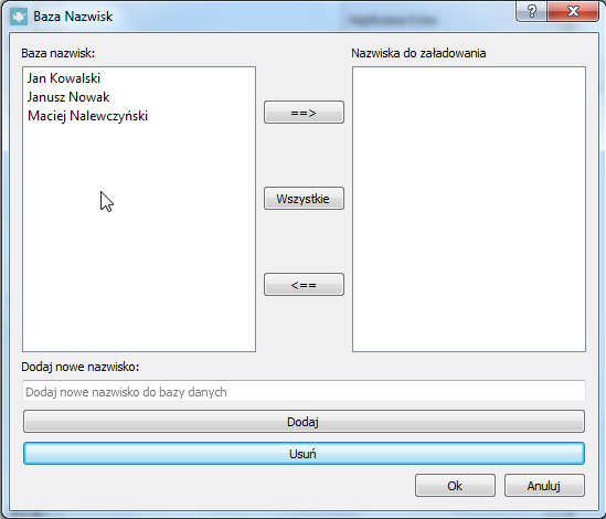 II.1 Dodawanie nazwisk do bazy danych i ich ładowanie do programu Aby dodać nazwiska do bazy danych otwieramy okienko bazy nazwisk poprzez naciśnięcie klawisza Baza nazwisk w głównym oknie
