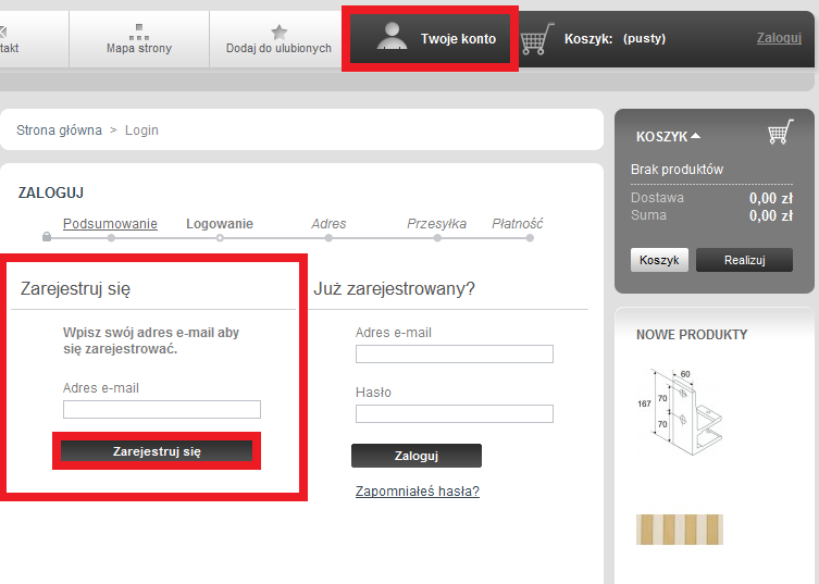 5. Rejestracja nowego konta w sklepie internetowym W celu rejestracji konta w sklepie internetowym klikamy w górnym menu w Twoje konto, następnie w sekcji Zarejestruj