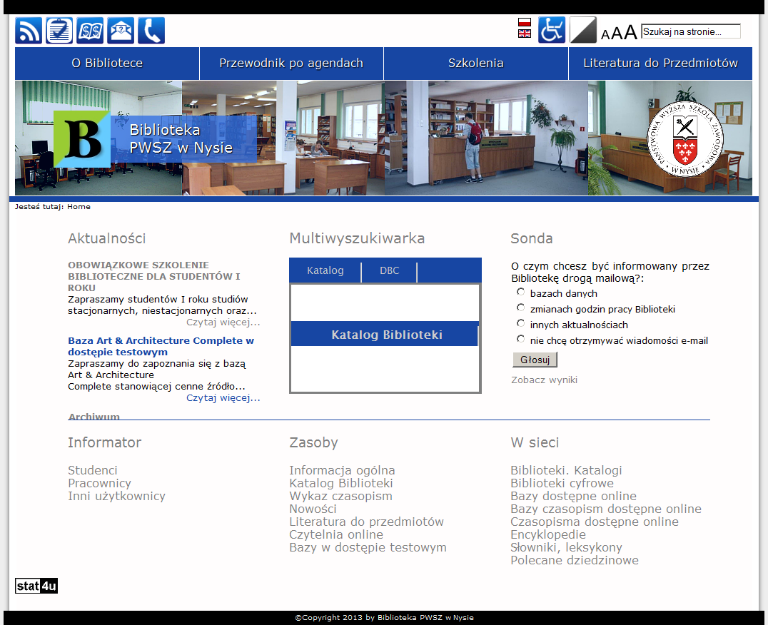 Obecna nowa strona funkcjonuje od 1 października 2013 roku. Serwis biblioteczny jest w całości tworzony i prowadzony przez pracowników Biblioteki PWSZ w Nysie.