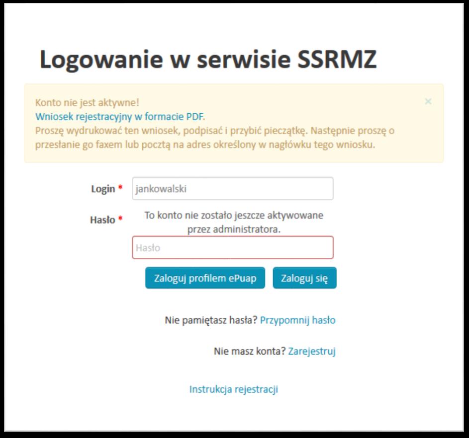 Pierwsze kroki 25 Rysunek 11. Ponowne pobranie formularza rejestracyjnego w postaci pliku PDF. 3.2. Logowanie użytkownika Praca w systemie SSRMZ jest możliwa jedynie w momencie kiedy posiadamy w nim aktywne konto.