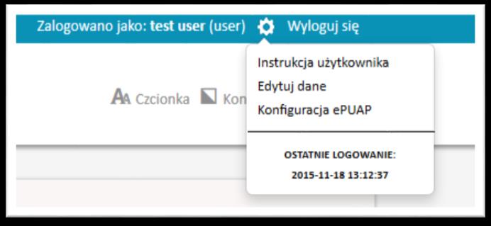 Pierwsze kroki 29 UWAGA! Po pierwszym zalogowaniu na nowo wygenerowane hasło konieczna jest jego zmiana (3.4 Zmiana danych) 3.4. Zmiana danych Każdy użytkownik systemu może dokonać zmiany swoich danych.