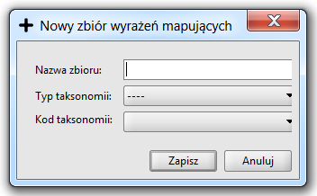 Nowy zbiór wyrażeń mapujących Aby utworzyć Nowy zbiór wyrażeń mapujących, należy wybrać: Menu Zbiór mapowań lub Ikonę:, bądź skrót klawiszowy: Ctrl-N Funkcja ta: dostępna jest w obu trybach pracy,