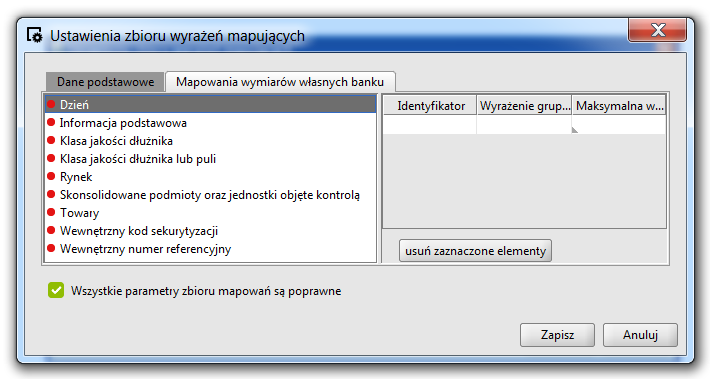 Funkcja ta: przedstawia podstawowe informacje o otwartym aktywnym zbiorze wyrażeń mapujących, dla zbiorów, w których użytkownik definiuje wymiary, pozwala tworzyć wyrażenia mapujące dla tych