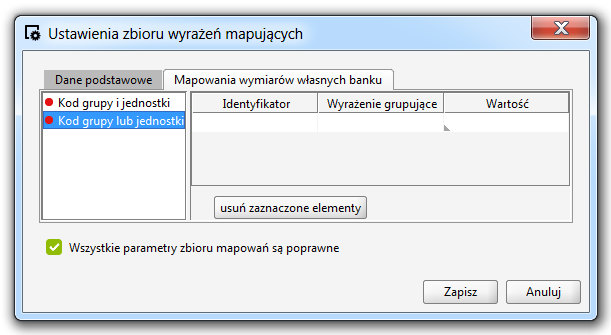 Tak zdefiniowane grupowanie oznacza, że dla każdej kombinacji wartości KOD_GRUPY i KOD_JEDNOSTKI zostanie utworzona osobna grupa, a dla niej określona wartość wymiaru.