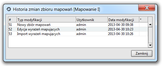 Historia zbioru mapowań Aby uruchomić funkcję Historia zbioru mapowań, należy wybrać: Menu Zbiór mapowań lub Ikonę:, Funkcja ta (zob.