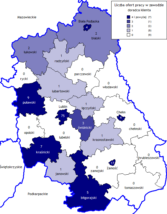 8 Aneks. Liczebność ofert pracy w najpopularniejszych zawodach z podziałem na powiaty województwa lubelskiego. Mapa 1.