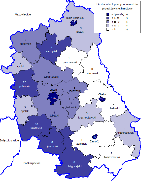 Mapa 5. Liczba ofert w zawodzie przedstawiciel handlowy z podziałem na powiaty województwa lubelskiego.