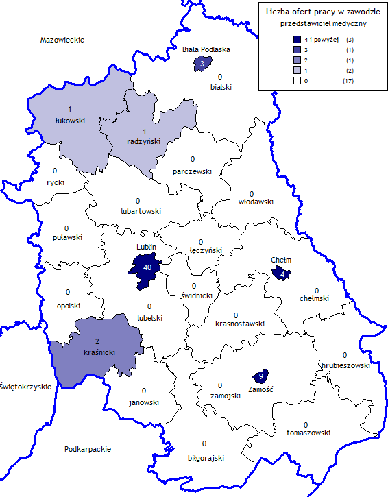 Mapa 6. Liczba ofert w zawodzie przedstawiciel medyczny z podziałem na powiaty województwa lubelskiego.