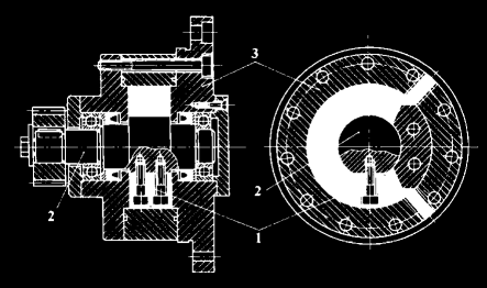 sprawność hydrauliczno-mechaniczna siłownika; Schemat siłownika wahliwego z kołem zębatym i zębatką: 1 - korpus, 2 - tłoczysko, 3 - koło zębate, 4 - śruba ogranicznika skoku i kąta obrotu, 5, 6 -