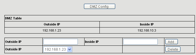 Powyższa tabela dotyczy ustawień strefy DMZ. Outside IP Adres publiczny Inside IP Adres prywatny Adres publiczny nie musi oznaczać adresu z puli adresów sieci WAN, może to być również adres sieci LAN.