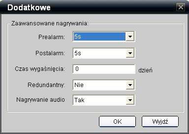 W wywołanym oknie dialogowym możliwe są następujące ustawienia: Prealarm czas rejestracji przedzdarzeniowej