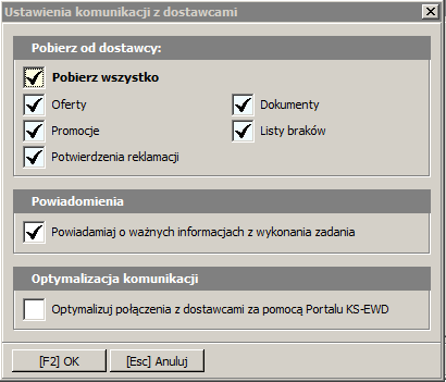 W oknie wyboru funkcji należy zaznaczyć Komunikacja z dostawcami i zatwierdzić klawiszem [Enter] Ok. Funkcja.