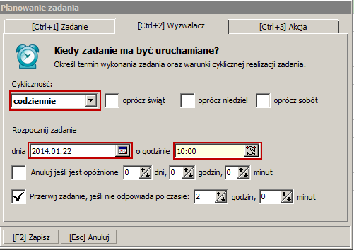 Potwierdzenie wyboru nastąpi po wciśnięciu klawisza F2 lub kliknięciu przycisku OK oraz Zapisz (w oknie Planowanie zadania ) Następnie należy zamknąć