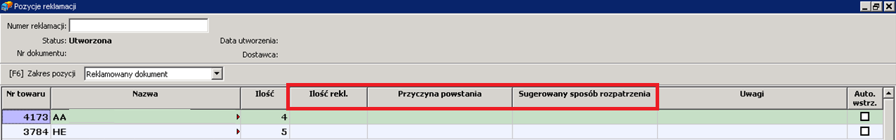 klawiszy CTRL +4). Aplikacja przeniesie użytkownika do okna dialogowego z zestawieniem reklamacji.
