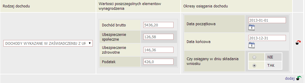 Ekran 3a dodawanie dochodów w sytuacji, gdy osoba, która uzyskiwała dochód z umowy o pracę / zlecenia / renty etc.