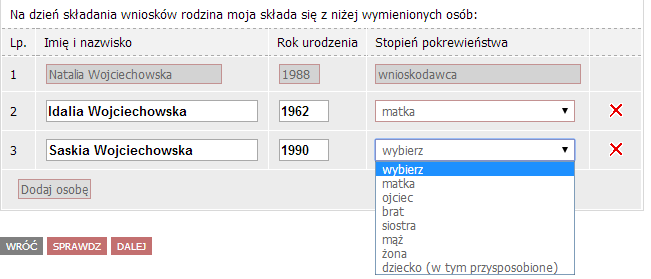 Ekran 1 dodawanie osób domyślnie wpisana jest osoba składająca wniosek klikając Dodaj osobę dodaje się kolejnych członków rodziny w kolumnie Stopień