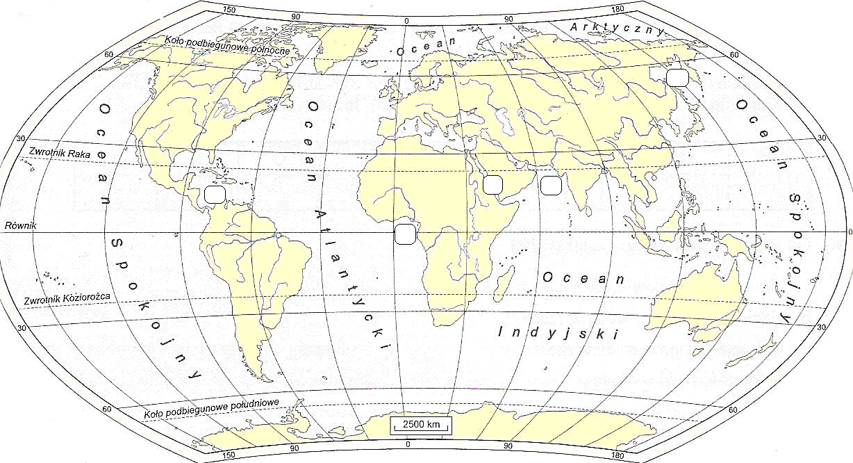 Zadanie 6 0-5 p a) Na załączonej mapie wpisz w kwadratach numery odpowiadające następującym morzom (zatokom): 1 Morze Czerwone 2 Morze Karaibskie 3 Morze Arabskie 4 Zatoka Gwinejska 5 Morze Ochockie
