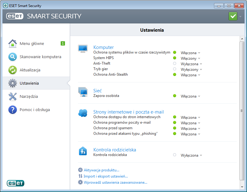 4. Praca z programem ESET Smart Security Korzystając z ustawień programu ESET Smart Security, można skonfigurować odpowiedni poziom ochrony komputera oraz sieci.