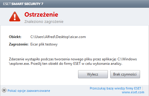 Leczenie i usuwanie Jeżeli nie określono wstępnie czynności do wykonania przez moduł ochrony plików w czasie rzeczywistym, pojawi się okno alertu z monitem o wybranie opcji.