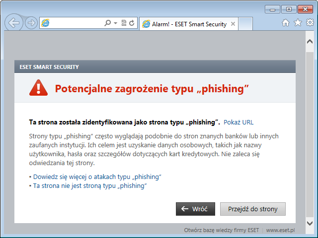 Wyświetlanie strony wykorzystywanej w atakach typu phishing Po przejściu do strony służącej do ataków typu phishing w przeglądarce internetowej zostanie wyświetlone następujące okno.