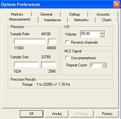 Następnie w zakładce Measurements, w polu Precision ustawić wielkość próbki na 32768.